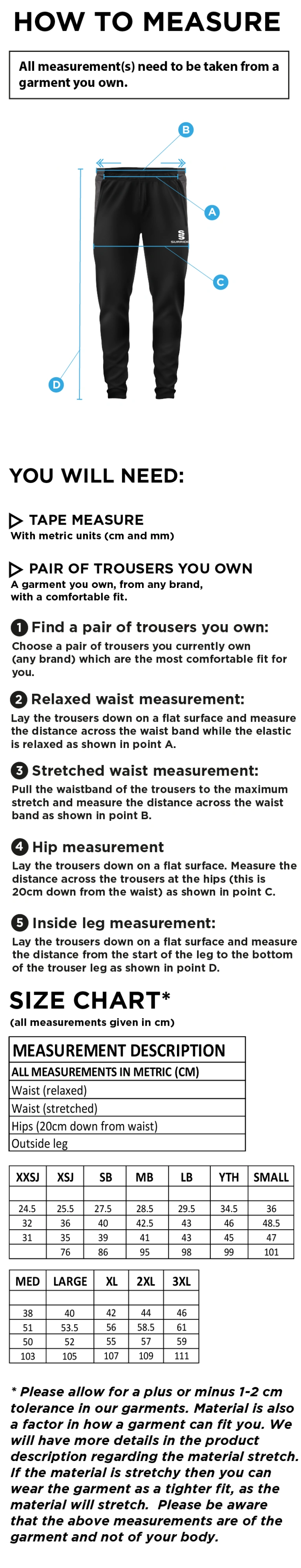 GLASGOW POLE VAULT TEK SKINNY TRAINING PANTS - Size Guide