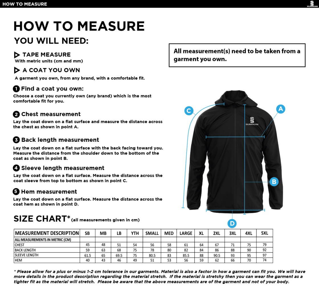 Glasgow Pole Vault  Training Jacket - Size Guide