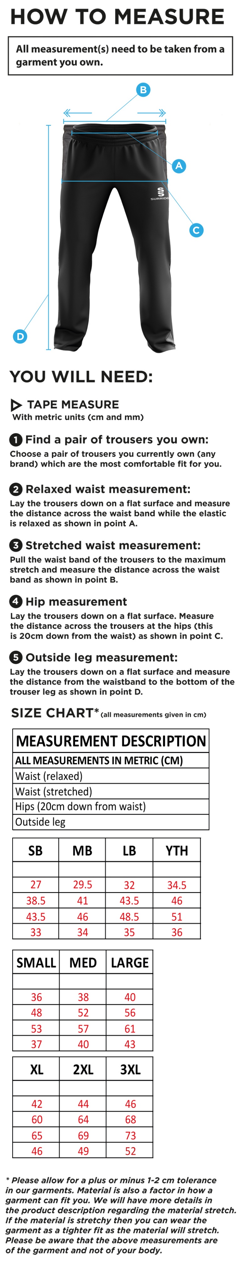 GLASGOW POLE VAULT RIPSTOP PANTS - Size Guide