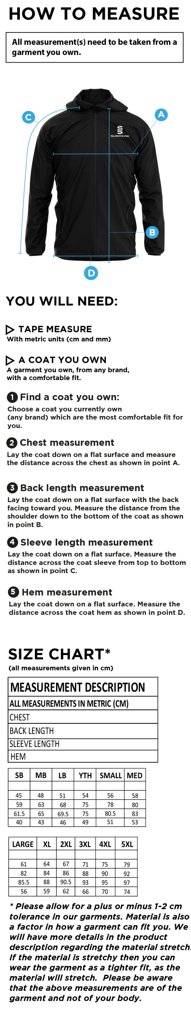 Glasgow Pole Vault  Training Jacket - Size Guide