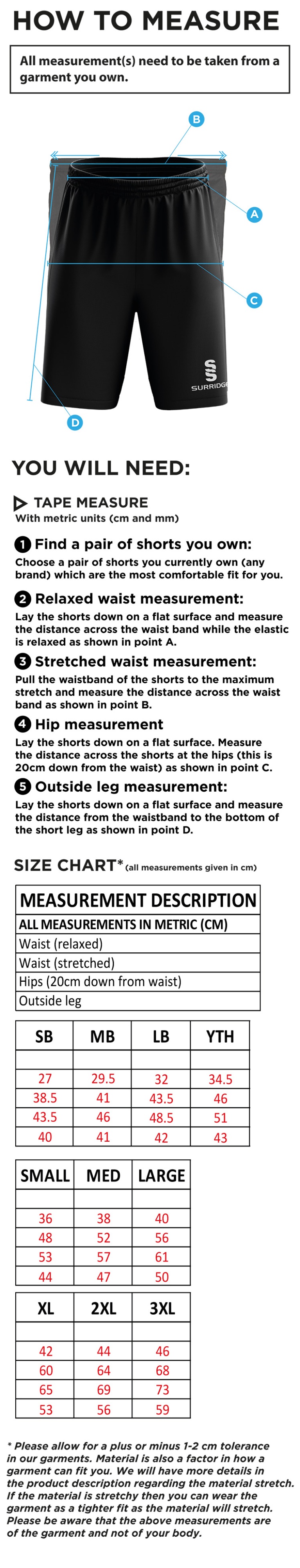 GLASGOW POLE VAULT SHORTS - Size Guide