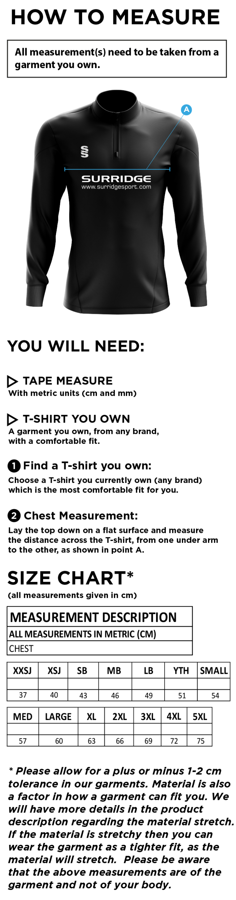 Glasgow Pole Vault  Dual Mid-layer - Size Guide