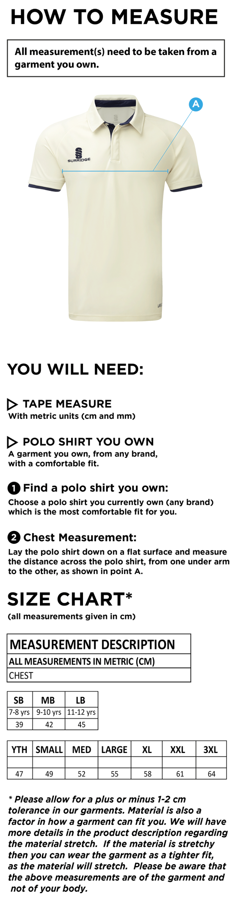 Glasgow Pole Vault  Dual Cricket Shirt - Size Guide