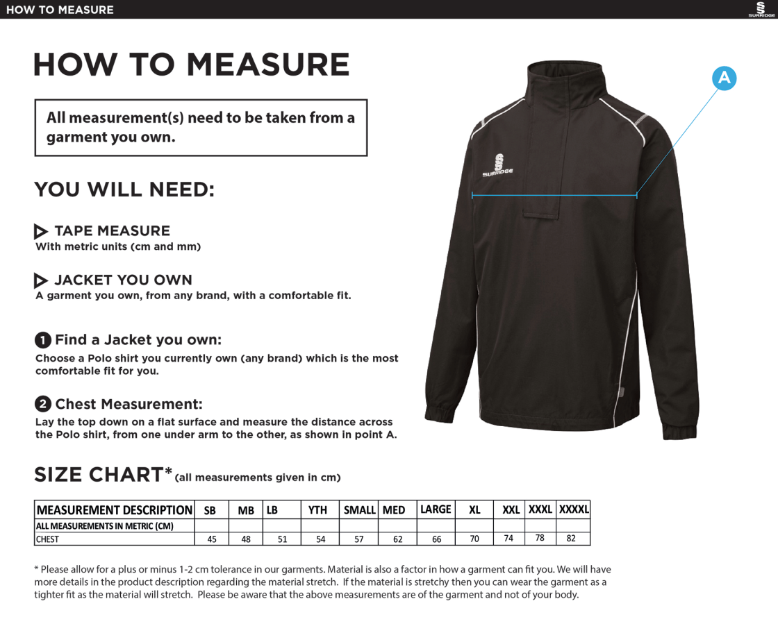 GLASGOW POLE VAULT 1/4 ZIP JACKET - Size Guide